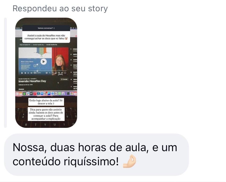 Depoimento: resposta ao story sobre a aula do Hexaflex — duas horas de aula e um conteúdo riquíssimo.