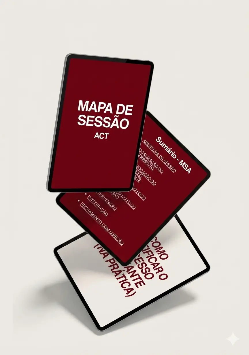 Mapa de Sessão ACT: três tablets mostrando a capa, o sumário e as etapas do mapa